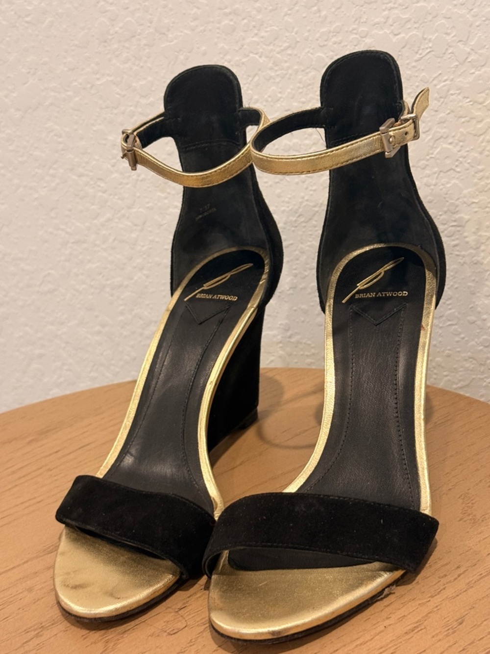 Brian Atwood Black and Gold Suede Wedge Sandals‎